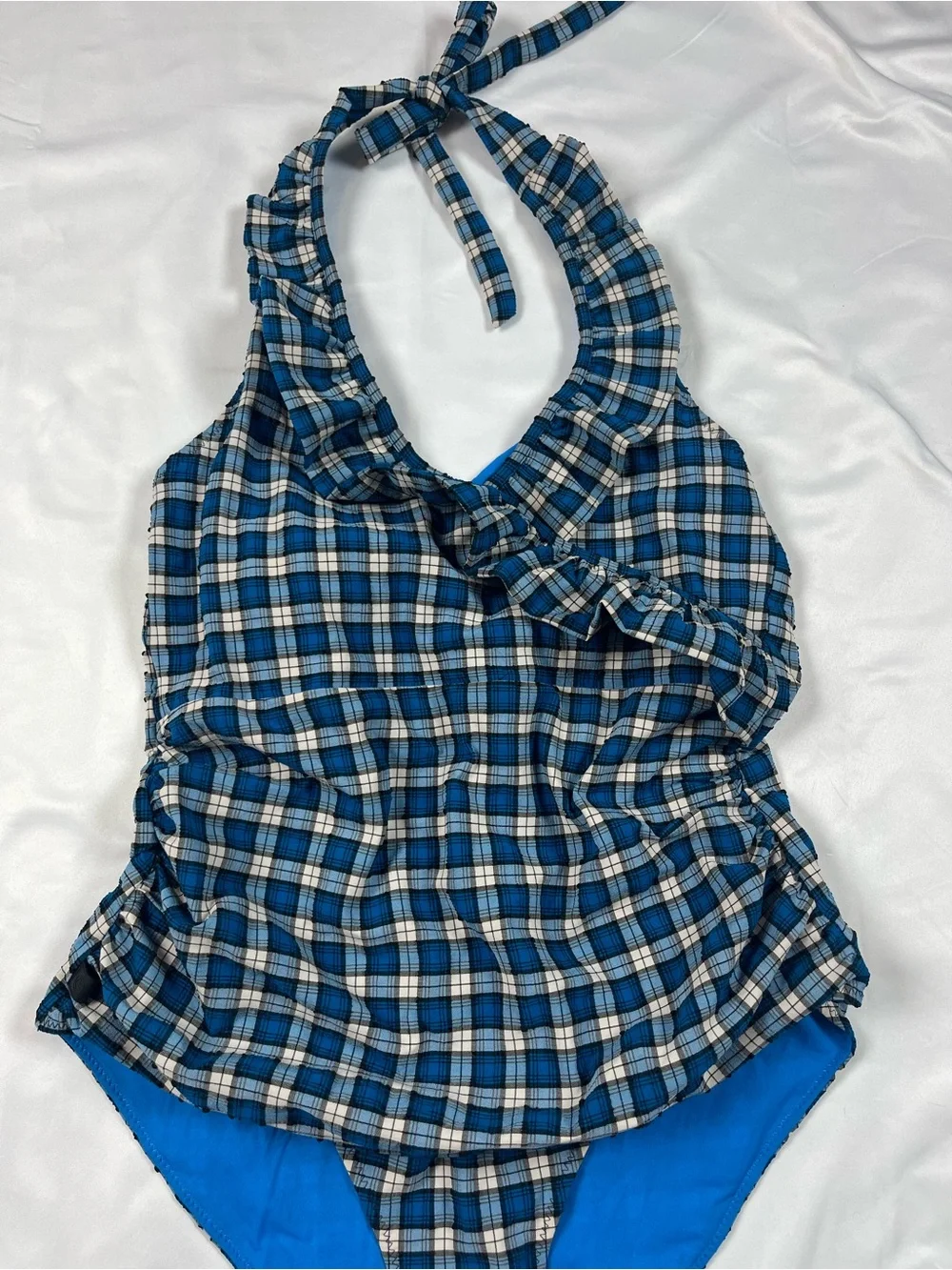 GANNI Recycled Seersucker Frill Halterneck Swimsuit Plaid Azure Blue Sz 40 New